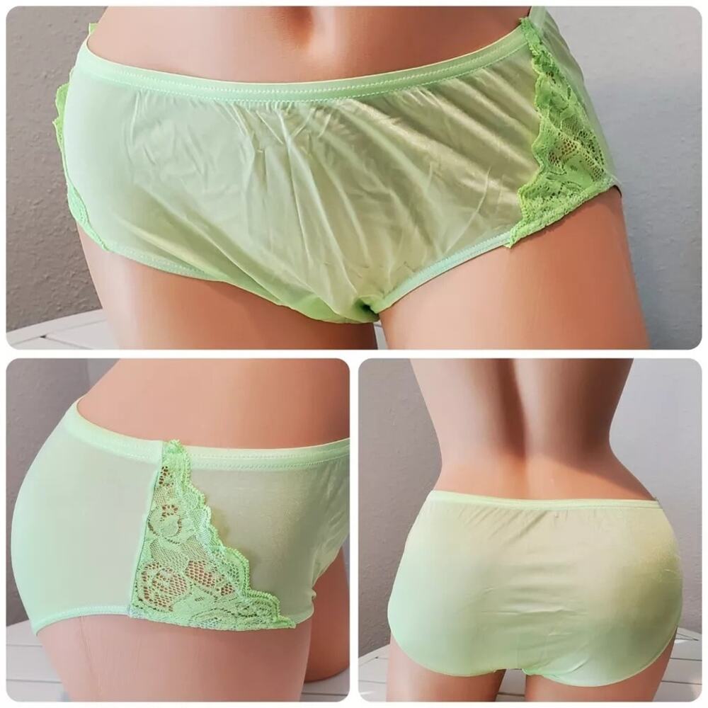 Shadowline 11182 Lace Insets Bikini Panty Shiny Nylon Full Cut Green Lime Lust